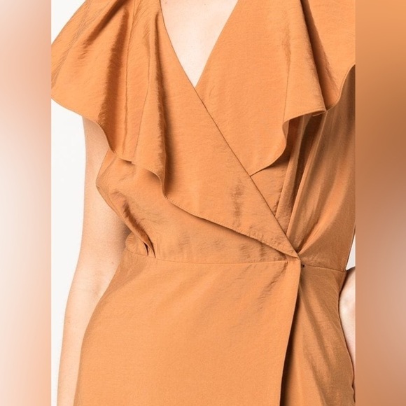 Vince ruffled true wrap midi dress viscose blend mustard color size XS - Picture 16 of 16